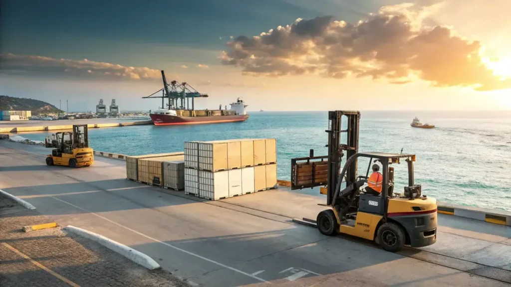 Who are the Largest Forklift Manufacturers? 6 A dynamic scene of forklifts loading and unloading 1737437763460